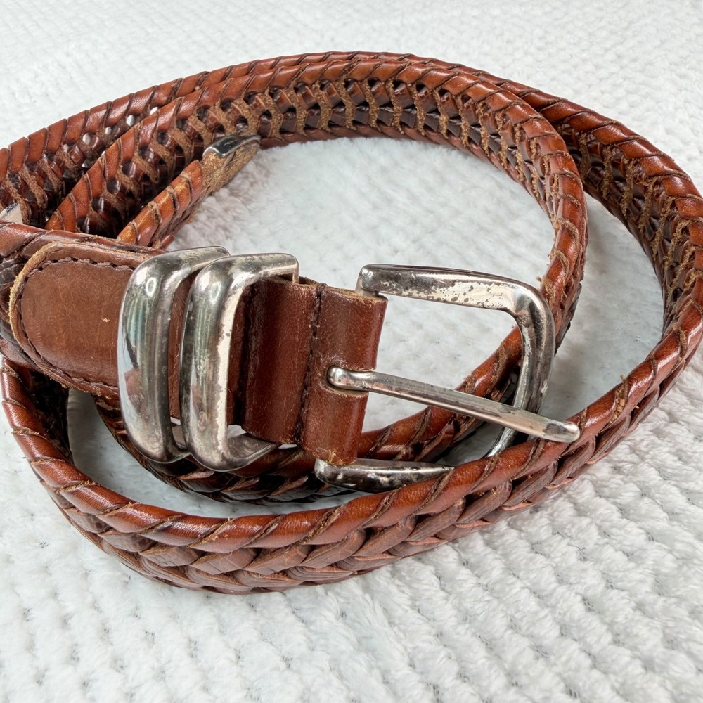 Fossil Braided Leather Belt Brown Woven Silver Buckle Tip MB2265C0G Size 38